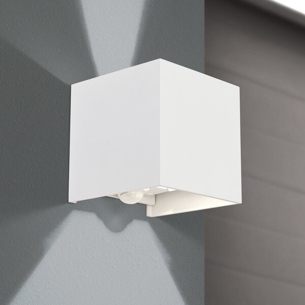 ORION Εξωτερικό φωτιστικό τοίχου LED Cube-S, λευκό, μεταλλικό, ανιχνευτής κίνησης, Λευκό, Αλουμίνιο, σύγχρονο, Πρίζα τοίχου πάνω/κάτω