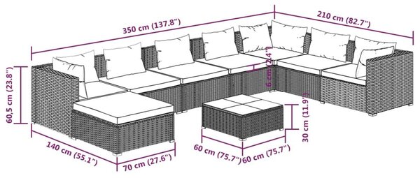 Σαλόνι Κήπου Σετ 9 Τεμαχίων Καφέ Συνθετικό Ρατάν με Μαξιλάρια - Καφέ