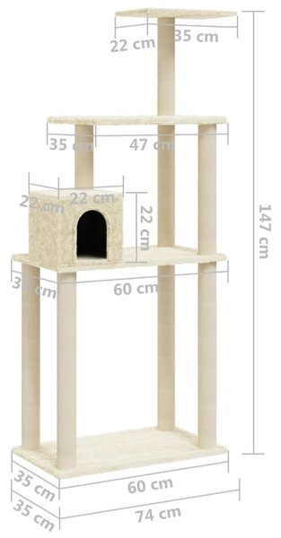 Γατόδεντρο Κρεμ 147 εκ. με Στύλους Ξυσίματος από Σιζάλ - Κρεμ