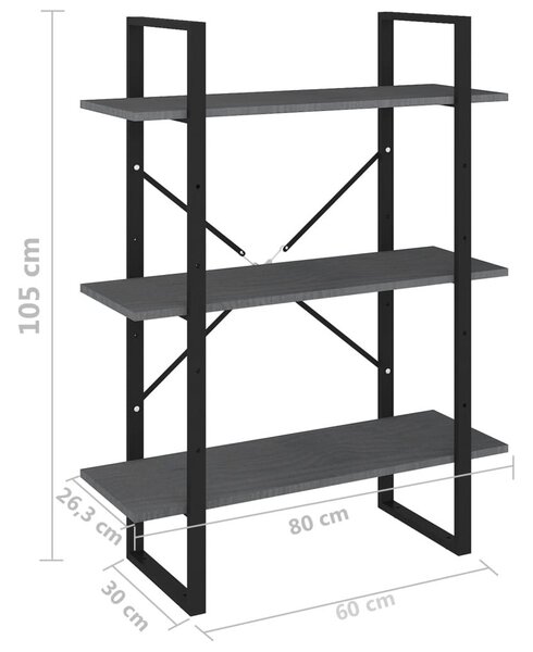 Βιβλιοθήκη με 3 Ράφια Γκρι 80x30x105 εκ. από Μασίφ Ξύλο Πεύκου - Γκρι