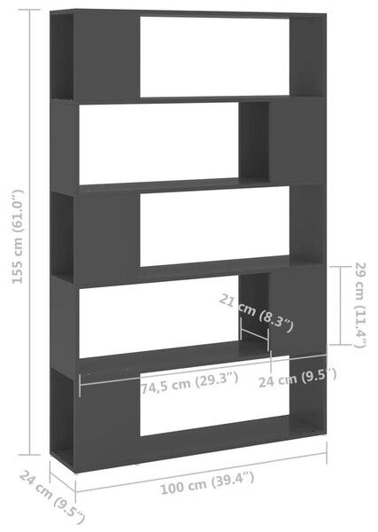 Βιβλιοθήκη/Διαχωριστικό Χώρου Γκρι 100x24x155 εκ. Επεξ. Ξύλο - Γκρι