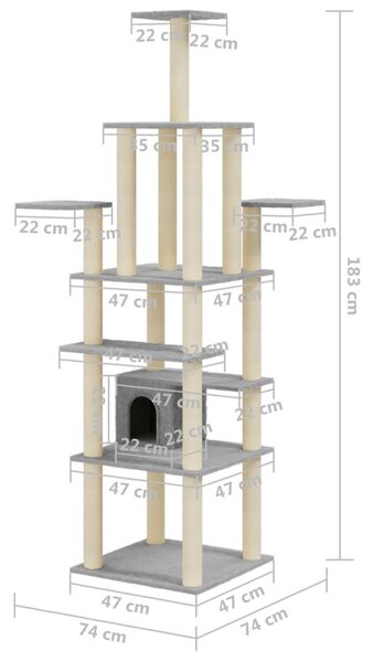 Γατόδεντρο Aνοιχτό Γκρι 183 εκ. με Στύλους Ξυσίματος από Σιζάλ - Γκρι