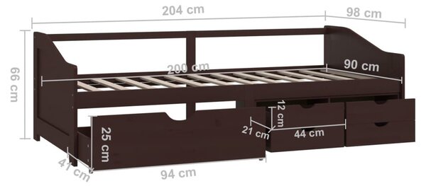 Καναπές Κρεβάτι 3 Θέσεων Συρτάρια Σκ. Καφέ 90x200εκ Μασίφ Πεύκο - Καφέ