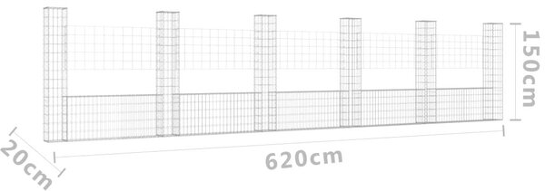 Συρματοκιβώτιο σε U Σχήμα με 6 Στύλους 620x20x150 εκ Σιδερένιο - Ασήμι