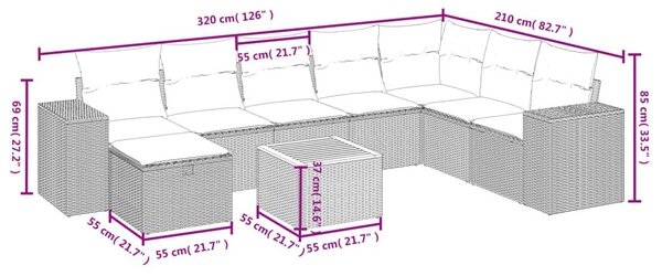 Σαλόνι Κήπου Σετ 9 Τεμαχίων Γκρι Συνθετικό Ρατάν με Μαξιλάρια - Γκρι