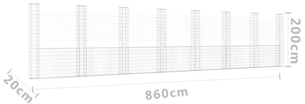 Συρματοκιβώτιο σε U Σχήμα με 8 Στύλους 860x20x200 εκ. Σιδερένιο - Ασήμι