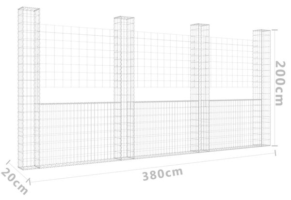 Συρματοκιβώτιο σε U Σχήμα με 4 Στύλους 380x20x200 εκ. Σιδερένιο - Ασήμι