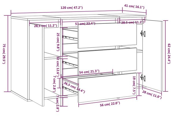 Συρταριέρα με 3 Συρτάρια Καφέ Δρυς 120x41x75 εκ από Επεξ. Ξύλο - Καφέ