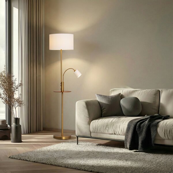 Lindby Stehlampe Aovan, χάλκινο, ράφι, θύρα USB, Μπρούτζινο / Αντικέ ορείχαλκου, Σαλόνι / τραπεζαρία, Μέταλλο, σύγχρονο, Φως ανάγνωσης