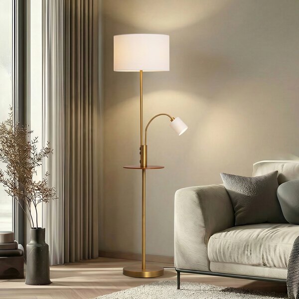 Lindby Stehlampe Aovan, χάλκινο, ράφι, θύρα USB, Μπρούτζινο / Αντικέ ορείχαλκου, Σαλόνι / τραπεζαρία, Μέταλλο, σύγχρονο, Φως ανάγνωσης