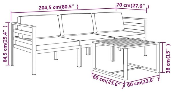 Σαλόνι Κήπου Σετ 4 Τεμαχίων Ανθρακί Αλουμινίου με Μαξιλάρια 70 x 70 x 64,5 εκ. (Π x Β x Υ) - Ανθρακί