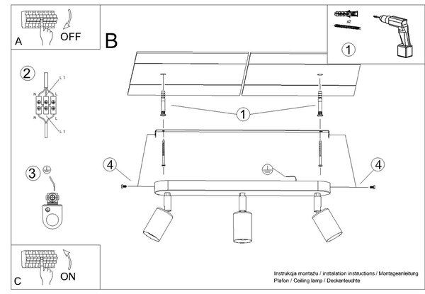 Sollux Φωτιστικό οροφής Fornes 3,ατσάλι,3xE27/60w,μαύρο