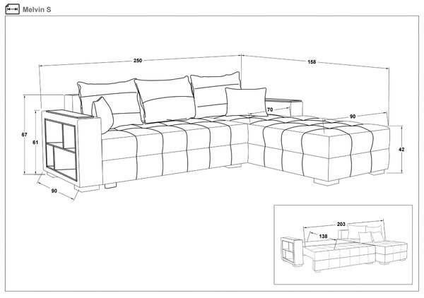 Γωνιακός καναπές - κρεβάτι με ανάκλιντρο και μπράτσο μίνι ραφιέρα Melvin S