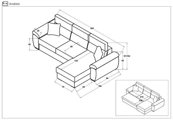 Γωνιακός καναπές – κρεβάτι Andielo Lux