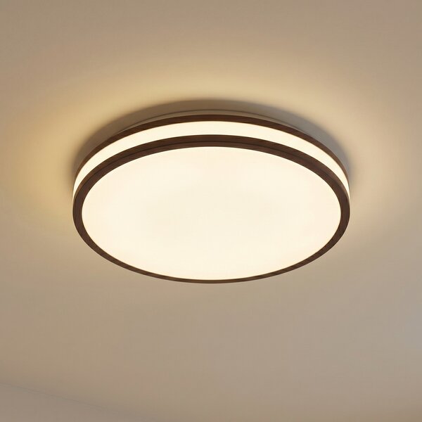 Lindby Φωτιστικό οροφής LED Emiva, Ø 40 cm, σκούρο ξύλο, CCT, Ξύλου, Σαλόνι / τραπεζαρία, Ξύλο, σύγχρονο