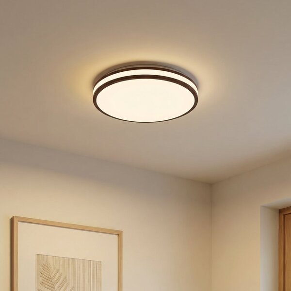 Lindby Φωτιστικό οροφής LED Emiva, Ø 40 cm, σκούρο ξύλο, CCT, Ξύλου, Σαλόνι / τραπεζαρία, Ξύλο, σύγχρονο