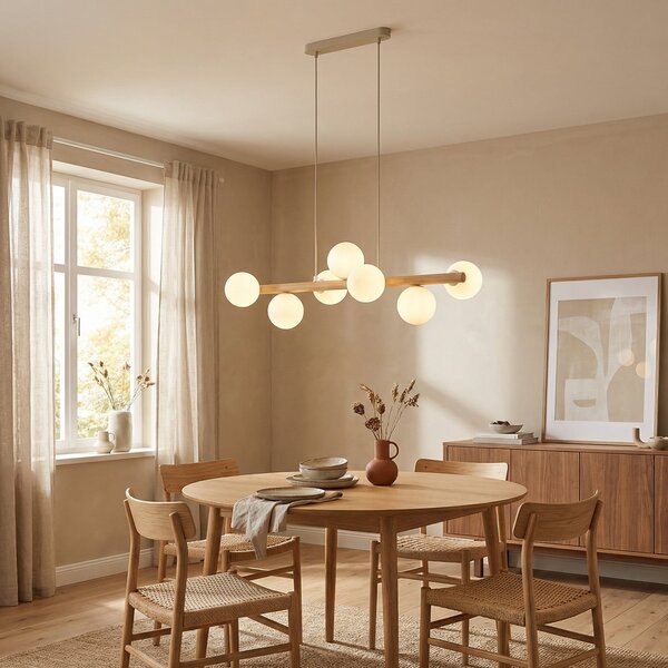 TK Lighting Estera κρεμαστό φωτιστικό, οπάλιο γυαλί, ξύλο, επτά φώτα, ρυθμιζόμενος, Ξύλου, Σαλόνι / τραπεζαρία, Γυαλί, Σφαίρα