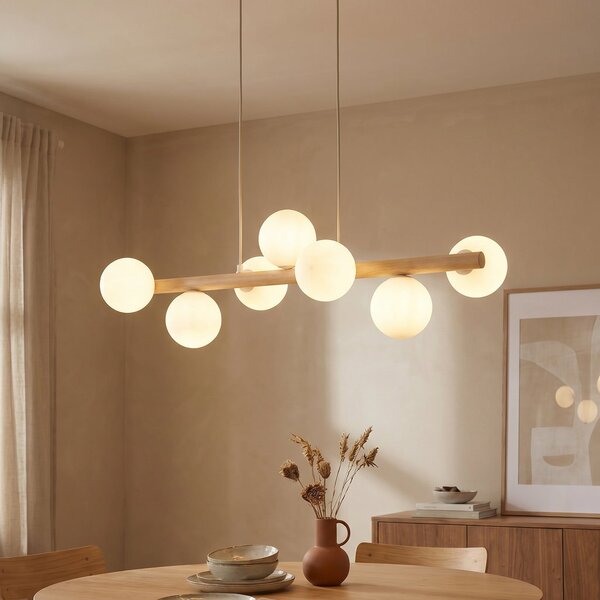 TK Lighting Estera κρεμαστό φωτιστικό, οπάλιο γυαλί, ξύλο, επτά φώτα, ρυθμιζόμενος, Ξύλου, Σαλόνι / τραπεζαρία, Γυαλί, Σφαίρα