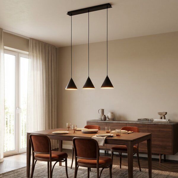 TK Lighting Κρεμαστό φωτιστικό Cono, 3 λάμπες, μαύρο, E27, ρυθμιζόμενος, Μαύρο, Σαλόνι / τραπεζαρία, Μέταλλο, σύγχρονο