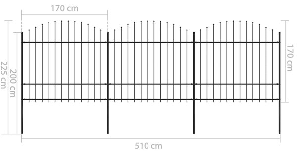 VidaXL Κάγκελα Περίφραξης με Λόγχες Μαύρα (1,5-1,75) x 5,1 μ. Ατσάλινα