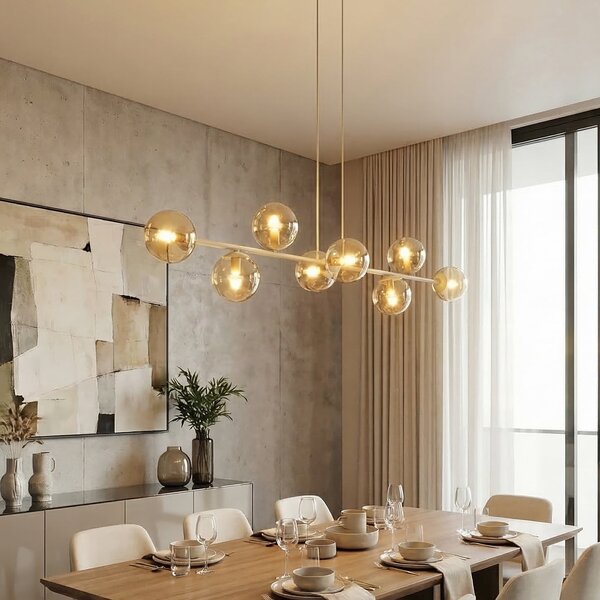 EMIBIG LIGHTING Κρεμαστό φωτιστικό Rossi, μπεζ, μήκος 130 εκ., 8 λάμπες, γυαλί/μέταλλο, ρυθμιζόμενος, Μπεζ, Σαλόνι / τραπεζαρία, Γυαλί, σύγχρονο, Σφαίρα