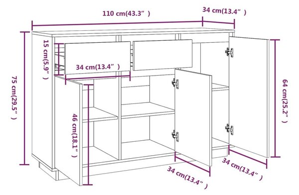 Μπουφές 110 x 34 x 75 εκ. από Μασίφ Ξύλο Πεύκου - Καφέ