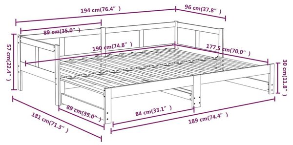 Καναπές Κρεβάτι Συρόμενος Μαύρος 2x(90x190) εκ. Μασίφ Πεύκο - Μαύρο