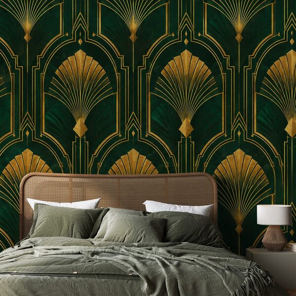 Φωτοταπετσαρία χρυσές βεντάλιες art deco σε πράσινο