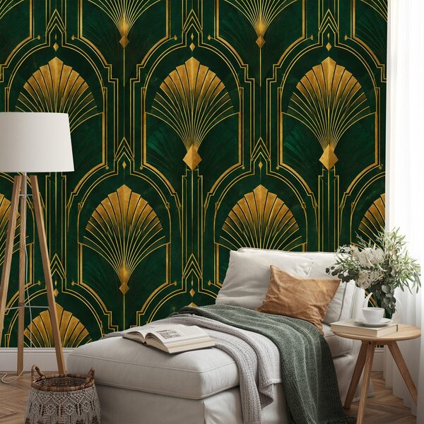 Φωτοταπετσαρία χρυσές βεντάλιες art deco σε πράσινο
