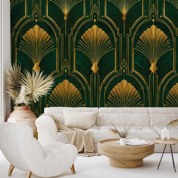 Φωτοταπετσαρία χρυσές βεντάλιες art deco σε πράσινο