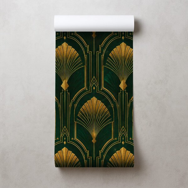Φωτοταπετσαρία χρυσές βεντάλιες art deco σε πράσινο