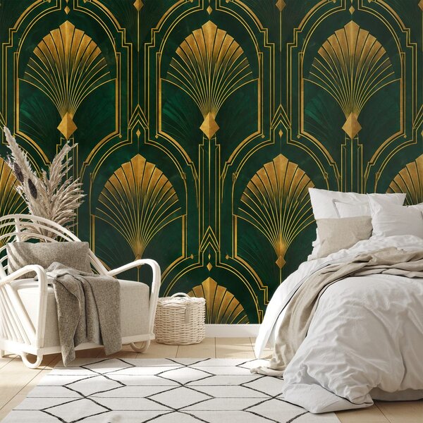 Φωτοταπετσαρία χρυσές βεντάλιες art deco σε πράσινο