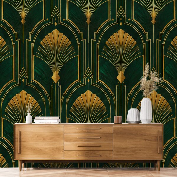 Φωτοταπετσαρία χρυσές βεντάλιες art deco σε πράσινο