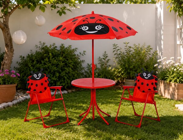 Παιδικό Σετ Κήπου & Βεράντας Lady Bug με Τραπέζι Bistro, Ομπρέλα και 2 Καρέκλες - Μέταλλο - Red