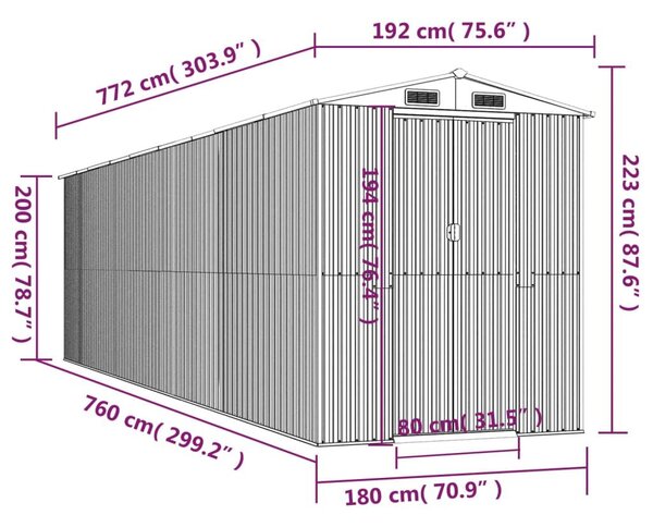 Αποθήκη Κήπου Ανοιχτό γκρι 192x772x223 εκ. Γαλβανισμένο Ατσάλι - Γκρι