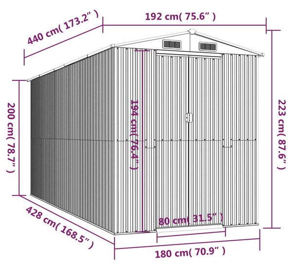 Αποθήκη Κήπου Ανοιχτό γκρι 192x440x223 εκ. Γαλβανισμένο Ατσάλι - Γκρι