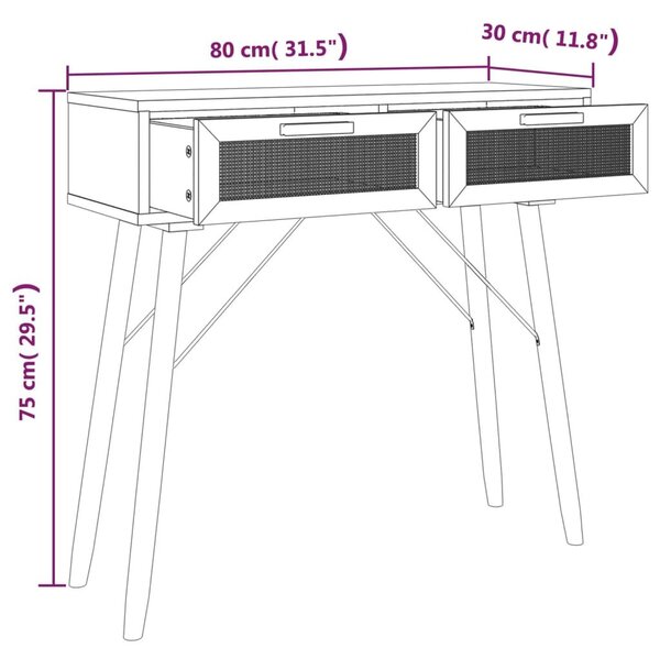 Τραπέζι Κονσόλα Μαύρο 80x30x75 εκ. Μασίφ Πεύκο & Φυσικό Ρατάν - Μαύρο