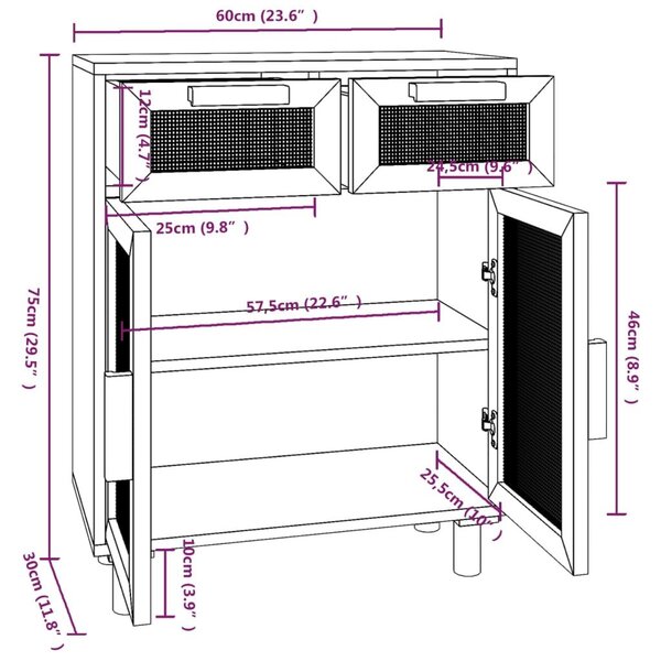 Συρταριέρα Καφέ 60x30x75 εκ. Μασίφ Πεύκο & Φυσικό Ρατάν - Καφέ