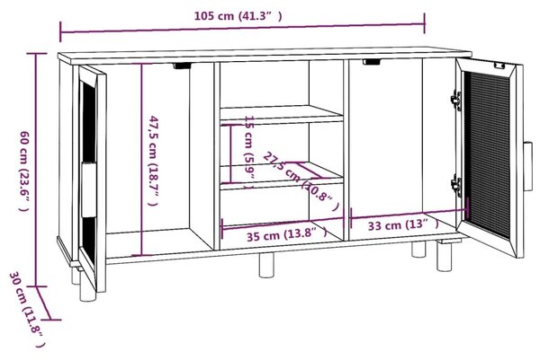 Συρταριέρα Καφέ 105x30x60 εκ. Μασίφ Πεύκο & Φυσικό Ρατάν - Καφέ