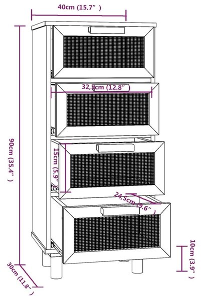 Συρταριέρα Μαύρη 40x30x90 εκ. από Μασίφ Πεύκο & Φυσικό Ρατάν - Μαύρο