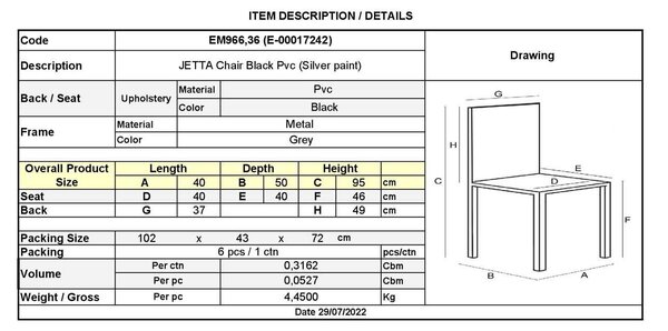 Καρέκλα Jetta-I Βαφή Γκρι/PVC Μαύρο Συσκ.6τμχ 40x50x95cm