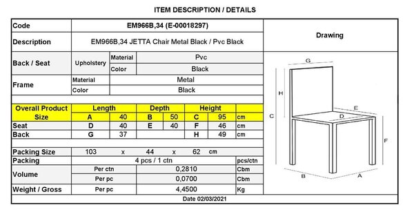 Καρέκλα Jetta-I Βαφή Μαύρη/PVC Μαύρο Συσκ.4τμχ 40x50x95cm