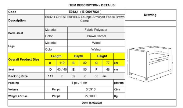 Πολυθρόνα Chesterfield Ύφασμα Καφέ Camel 110x82x77cm