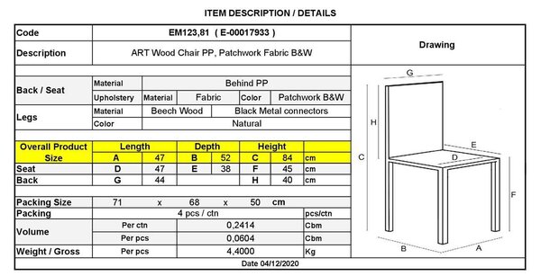 Καρέκλα Art Wood PP Ύφασμα Patchwork B&W Συσκ.4τμχ 47x52x84cm