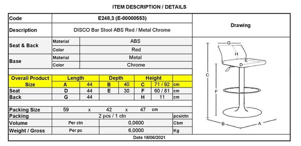 Σκαμπώ Disco Bar Χρώμιο/ABS Κόκκινο 44x40x71/92cm (Σετ 2 ΤΕΜ)