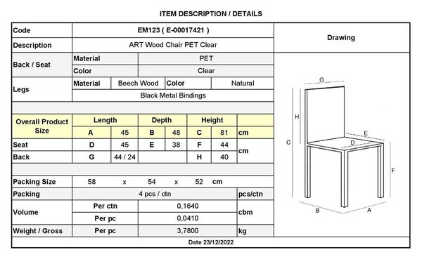 Καρέκλα Art Wood PC Clear 46x53x82cm (Σετ 4 ΤΕΜ)