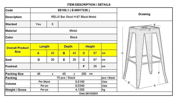 Σκαμπώ Relix Bar H.67 Μεταλλικό Μαύρο 43x43 H.67cm