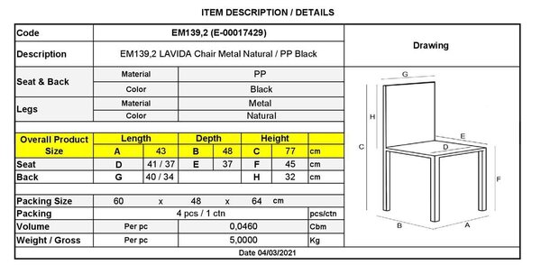 Καρέκλα Lavida Μεταλλική Φυσικό/PP Μαύρο 43x48x77cm (Σετ 4 ΤΕΜ)