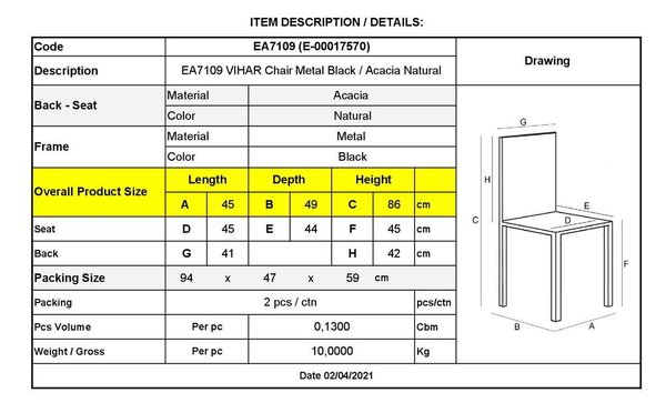 Καρέκλα Vihar Ξύλο Ακακία Φυσικό Συσκ.2τμχ 45x49x86cm