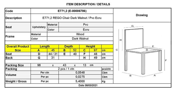 Καρέκλα Rego Οξυά Σκ.Kαρυδί/PVC Εκρού 45x52x97cm (Σετ 2 ΤΕΜ)